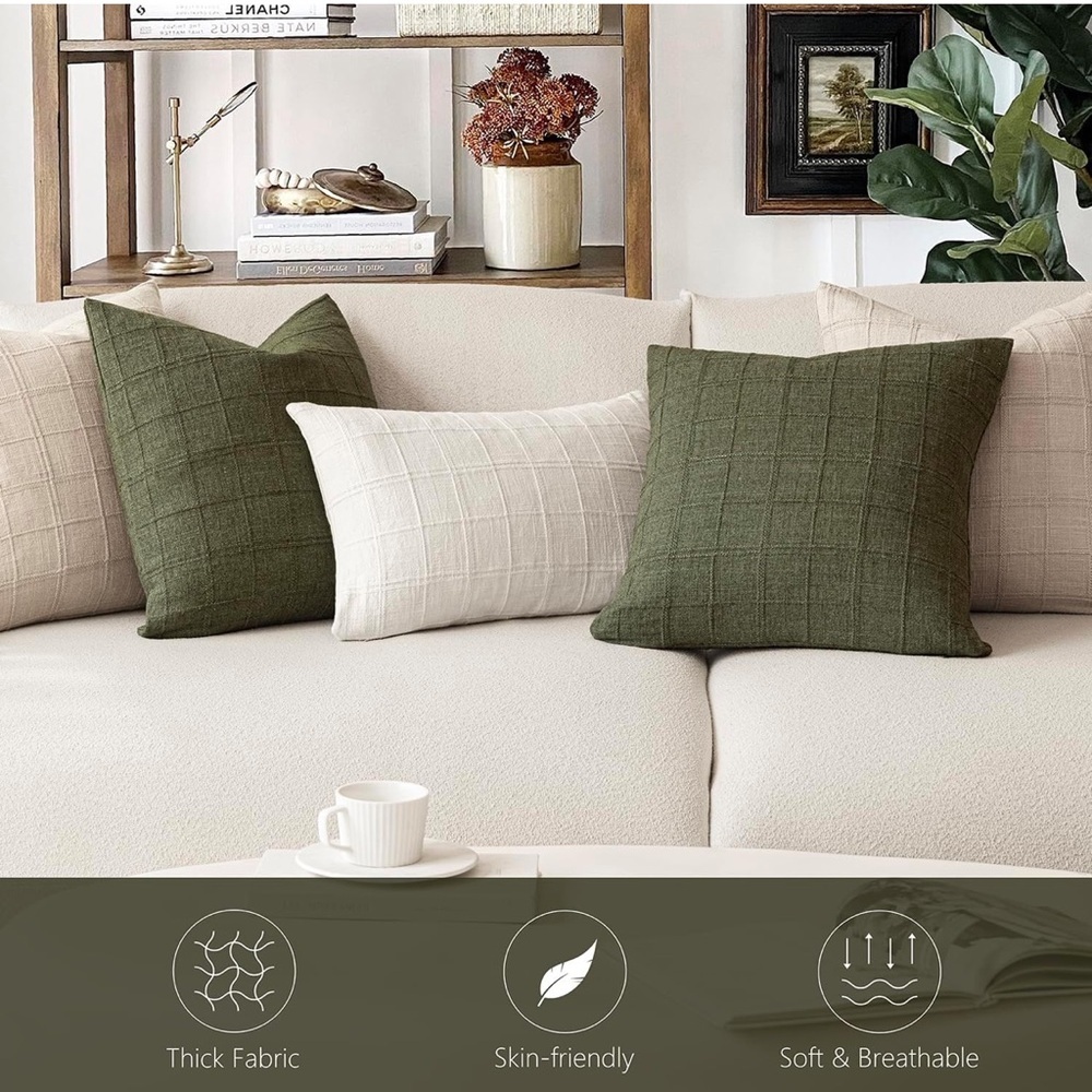 Foindtower Set of 2 Decorative Linen Check Throw Pillow Covers new